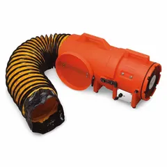 This axial blower and ducting combination unit delivers 816 cfm max flow in free air, operating on 12 V DC with vehicle battery hookups. It includes an extension canister with 15 ft of 8 in diameter ducting and a 1/4 hp motor. Typical applications include ventilating tanks, vaults, and other enclosed work areas to supply fresh air or exhaust fumes.