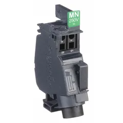 Undervoltage release accessory for PowerPact B circuit breakers. Automatically trips the breaker when supply voltage drops below a preset level, protecting equipment from undervoltage conditions. Rated 250V DC. No poles.