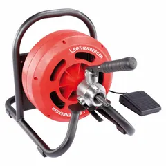 Corded drum machine for drain cleaning in pipes from 1-1/2 in to 4 in diameter. Includes a 32 ft cable for reaching blockages in residential and light commercial drain lines. Operates on corded electric power for continuous use.
