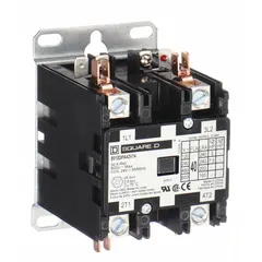 Non-reversing definite purpose contactor for HVACR applications. Features 2NO main pole contact form, 24V AC coil, 40 A rating, and 600V AC maximum voltage. Box lug terminals for secure wiring. Suitable for switching single-phase loads such as compressors, fans, and pumps.