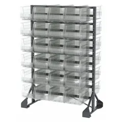 Two-sided stationary bin rail rack with 48 clear hang-and-stack bins. Each bin measures 7 in x 8-1/4 in x 14-3/4 in. Rack is gray. Suitable for organizing small to medium parts in industrial facilities, warehouses, and assembly lines.