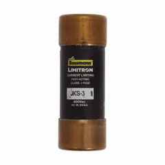 Class J fast-acting cylindrical fuse rated 3 A and 600 V AC. Non-indicating design with a cylindrical body. Suitable for overcurrent protection in industrial electrical circuits such as motor controllers, transformers, and panelboards.