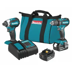 This 18 V DC cordless combination kit includes a drill and an impact driver, with battery included. Designed for drilling and fastening tasks in construction, woodworking, and general maintenance. Suitable for jobsite applications requiring portability and torque.