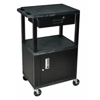 This AV cart features plastic shelves, a steel storage cabinet, and steel drawers for organized transport and storage of audio-visual equipment. It measures 24 inches long by 18 inches wide by 42 1/2 inches high, with a black finish and a flat handle. Suitable for moving and securing projectors, laptops, and accessories in classrooms, conference rooms, and training facilities