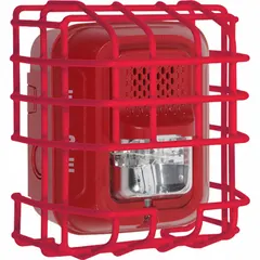 Steel wire cage guard for indoor wall-mounted L Series horns and strobes. Red finish, surface-mount design with included mounting hardware. Overall dimensions 6 5/8 in length by 4 3/8 in depth. Features simple removal for maintenance without disturbing the alarm device.