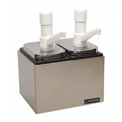 This condiment pump service center features two compartments with a total capacity of 2.5 quarts. Constructed with a stainless steel body and a black finish, it includes Ultra Pumps for dispensing dressings. The unit has an overall width of 10 1/8 inches and is not NSF certified.