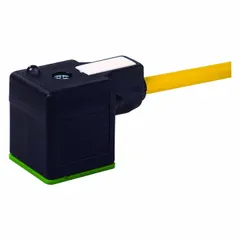 Single-ended cordset with DIN Form A female right-angle connector and bare wire termination. Features 3 pins, 18 AWG wire, 5 m PUR yellow cable, and IP67 rating. Used for connecting solenoid valves and sensors in industrial automation, packaging, and material handling systems.