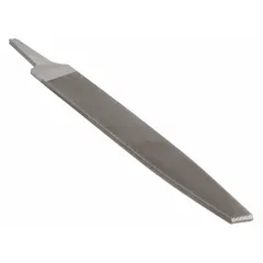 Double-cut warding file with single-edge bastard cut and natural finish. Tapers towards the point for access into narrow slots and keyways. Overall length without tang is 8 inches, width is 13/16 inches. Suitable for filing steel and brass in locksmithing and metalworking applications.