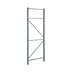 This steel upright is a vertical support for pallet rack systems, featuring a teardrop design for easy beam adjustment. It measures 36 inches by 3 inches with a 12-foot overall height and a green finish. Suitable for heavy-duty industrial storage applications.