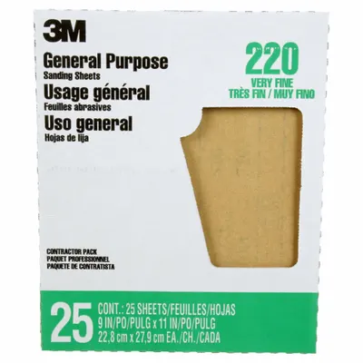 3M Sandpaper Sheet: 9 in W x 11 in L, Aluminum Oxide, 220 Grit, C Wt Paper - Wet/Dry Sandpaper Sheets for All Surfaces