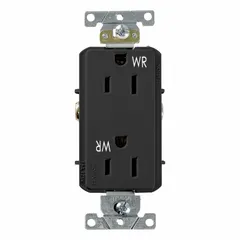 General-purpose duplex receptacle rated 125V AC, 15 A, NEMA 5-15R, 2-pole/3-wire grounding type. Black thermoplastic face. For flush mounting in standard wall boxes to supply power to appliances, electronics, and lighting in residential and commercial installations.