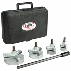 This pipe fitting reamer kit is designed for deburring and chamfering plastic pipe fittings made of ABS or PVC. It accommodates pipe diameters from 1-1/2 in to 4 in, making it suitable for plumbing and irrigation applications where smooth, burr-free fittings are required.