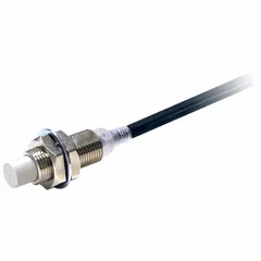This OMRON inductive cylindrical proximity sensor is unshielded with a 3-wire configuration and operates on 10-30V DC. It features a 2-meter non-terminated cable for flexible installation. Typical applications include non-contact detection of metal objects in industrial automation for position sensing, part counting, and conveyor monitoring.