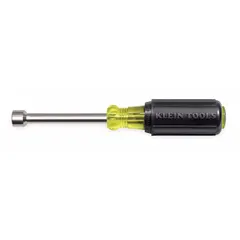 Straight fastener-holding nut driver with a hollow round shank that accommodates long threaded rods. The magnetized tip secures fasteners during installation. SAE type with 3/8 in tip size. Commonly used for fastening and loosening nuts and bolts in electrical, mechanical, and maintenance tasks.