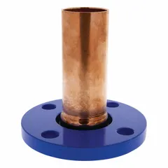 This NIBCO Press System flange fitting connects copper tubing to flanged equipment in plumbing systems. It features a press-fit connection for copper piping, sized 3 in CTS x 3 in pipe. The fitting is made of copper and is suitable for use in water supply and other plumbing applications.