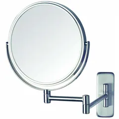 Non-lighted wall-mount makeup mirror with 7X magnification. Features a round glass mirror with polished edge, metal frame in chrome finish, and silver frame color. Overall dimensions: 13 in height, 11 in width, 3 in depth. Suitable for bathrooms, dressing rooms, and salons.