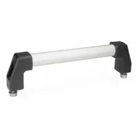 Front-mount load-rated straight-leg tubular pull handle with 7.87 in mounting hole center-to-center. Silver finish with black polyamide leg style. M8 screw size. Suitable for industrial cabinet doors, machine enclosures, and control panels