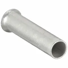 Non-insulated ferrule for terminating stranded wire into terminal blocks or clamps. Holds one bare wire with a 0.15 in ferrule diameter. Prevents wire strands from fraying and ensures a secure connection in control panels and power distribution.