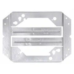 Steel electrical box bracket with a silver finish. Used for mounting electrical boxes in commercial and industrial settings to support wiring and terminations.