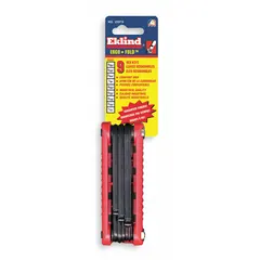 This folding key set includes five SAE short ball-hex keys in a folding holder. The keys have a black oxide finish. Designed for tightening or loosening hex socket fasteners in confined spaces, the ball-hex tips allow angled access.