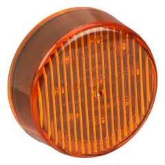 LED clearance marker light with round amber lens and grommet mount. Surface mount design with PL-2 electrical connector. Rated IP67 for dust and water ingress protection. SAE Lens Code P2. Used on trucks, trailers, and heavy equipment for marking vehicle width and height.