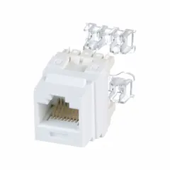 Single-port RJ45 punch-down jack module for terminating copper wire in structured cabling systems. White housing. Suitable for network connections in commercial data installations.