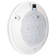 Round LED dome light for vehicle interior illumination. Operates on 12.8V DC with a red lens and white housing. Features a bolt surface mount and blunt cut wires for electrical connection. Overall diameter is 5-7/8 inches.