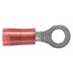 Ring terminal with red nylon insulation for #8 stud size. Accepts 22 AWG to 18 AWG wire. Rated 600 V. Used for secure wire-to-stud connections in control panels, machinery, and power distribution.