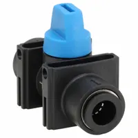 Manual two-way ball valve with a polymer body, full-port ball, and straight configuration. Features push x push connections and a lever handle for on/off or redirecting flow in pneumatic or low-pressure liquid systems