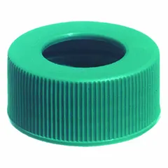 This green polypropylene screw cap is unlined and features a 24-414 mm closure size. It is designed for sealing containers with corresponding threads, commonly used in industrial packaging for chemicals, solvents, or bulk liquids.