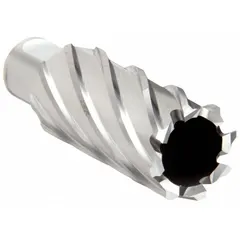 This annular cutter is made of high-speed steel with a bright finish, featuring a 1 13/32 in diameter and a 2 in maximum cutting depth. It has a Weldon Flat shank for secure mounting in magnetic drill presses. Suitable for general cutting applications in metal fabrication and structural steel work, creating clean holes in steel plates and beams.
