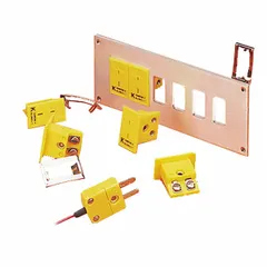 Panel jack for Type T thermocouple connections, featuring a mini jack connector. Constructed with blue glass-filled nylon and Constantan materials. Used to terminate thermocouple wires in panels, enclosures, or junction boxes for temperature measurement systems.