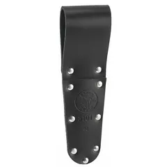 Black leather tool pouch with one pocket, open top, and belt slot for belts up to 1 1/2 inches wide. Designed to carry scissors for quick access during electrical, maintenance, and industrial tasks.