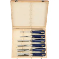 This 6-piece wood chisel set includes sizes 1/4, 3/8, 1/2, 5/8, 3/4, and 1 inch overall length. Each chisel features a plastic handle for comfortable grip. Suitable for shaping, carving, and trimming wood in carpentry, cabinetry, and general construction.
