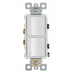 This rocker fan switch is designed for on/off and speed control of exhaust fans and ventilation equipment. It features a single-pole single-throw (SPST) configuration with two switches or dials, operating at 120V AC and 15A. The switch is non-reversible and suitable for use in commercial or residential ventilation systems.