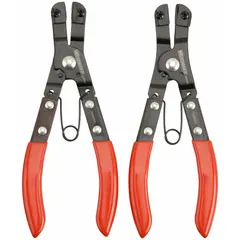 This plier set is designed for installing and removing internal and external retaining rings. It accommodates internal bore diameters from 3/8 in to 1-3/4 in and external ring sizes from 1 13/16 in to 4 13/16 in. Suitable for maintenance and assembly tasks in industrial settings.