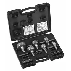 This 8-piece hole cutter kit is designed for cutting clean holes in metal materials such as electrical enclosures, panels, and sheet metal. The carbide-tipped cutters provide a maximum cutting depth of 3/16 in. Not impact rated.