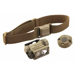 Rechargeable headlamp with 275 lumens output and 113 m max beam distance. Provides 4 light outputs and runs for 6 hours at maximum brightness. Tan finish. Suitable for hands-free illumination in low-light environments.