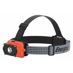 Orange headlamp delivering 130 lumens with a 45-meter beam distance and 6-hour run time at maximum brightness. Features 2 light outputs and requires 3 AAA batteries. Suitable for hands-free illumination in industrial and mining environments.