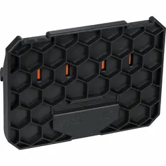 This MODBox rail attachment secures Small, Small Extended, or Medium sized cases to a rail system. Made of dark gray plastic, it measures 1 5/16 inches wide by 7 inches deep by 5 1/4 inches high. Suitable for organizing tool cases on carts, workstations, or job site rail setups.