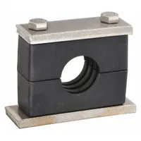 This beta clamp features a ribbed bore for vibration dampening and noise reduction in piping systems. Constructed from 304 stainless steel, it is suited for securing pipes in hydraulic, pneumatic, and process line applications. The textured core helps protect connections from fatigue