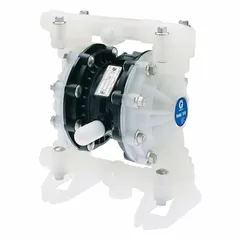 Air-operated double-diaphragm pump with a polypropylene housing. Features 1/2 in NPT connections, 15 gpm flow rate, Santoprene diaphragm, PP seat, and Santoprene check valves. Suitable for transferring mild chemicals and abrasive slurries in industrial processing and water treatment.