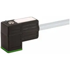 This single-ended cordset features a DIN Form C female right-angle connector to bare wire, with a 3-meter gray PVC cable (18 AWG). The 3-pin assembly is rated IP67 for protection against dust and water ingress. Typical applications include connecting solenoid valves, sensors, and actuators in industrial automation environments.