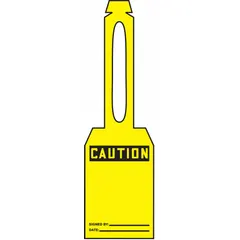 Yellow single-part caution tags with attached strap, size #7, supplied in a 25-pack. The legend is printed on one side only. Used to mark equipment or areas requiring temporary caution during maintenance or lockout/tagout procedures.
