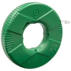 Stainless steel fish tape with flat tape shape and formed hook end style. Free-spinning interior reel housed in a 13 in diameter case. Used for pulling wires through conduit and other enclosed spaces.