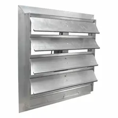 Motorized backdraft damper for horizontal mounting in 20-inch nominal ductwork. Single-panel flat blade design with single flange and rubber seal. Prevents reverse airflow when fan is off. Nameplate voltage 110/230V AC.
