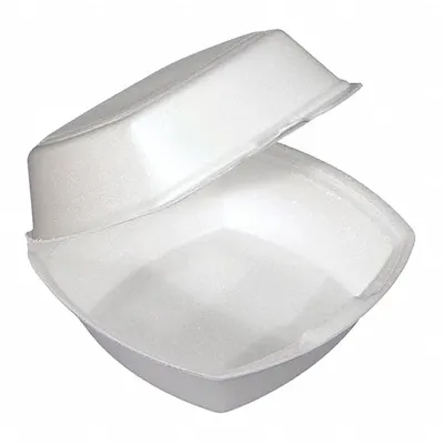 PACTIV Disposable Carry-Out Food Container: White, Hinged Lid Container Container - Hinged-Lid Foam Containers