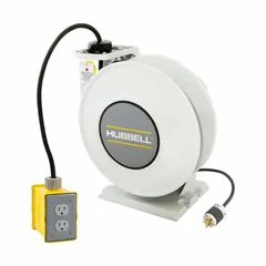 Self-retracting cord reel with ratchet lock mechanism for adjustable cord length. Includes 35 ft of 12 AWG SJO cable with a 5-20P plug on the feeder end and a 5-20R connector on the retractable end. Suitable for managing power delivery in workshops, assembly lines, and maintenance areas.