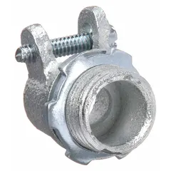 Iron straight connector with squeeze clamp design for terminating flexible metal conduit to boxes or enclosures. Trade size 3/8 in, 1/2 in MNPT thread, non-insulated, gray finish. cULus Listed for AC applications.