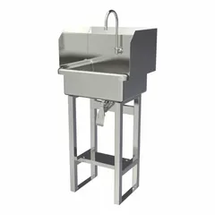Freestanding hand sink with faucet for industrial hand-washing. 16 ga construction, 17 in bowl length, 7 in bowl depth, 0.5 gpm flow rate. Side splash not included.